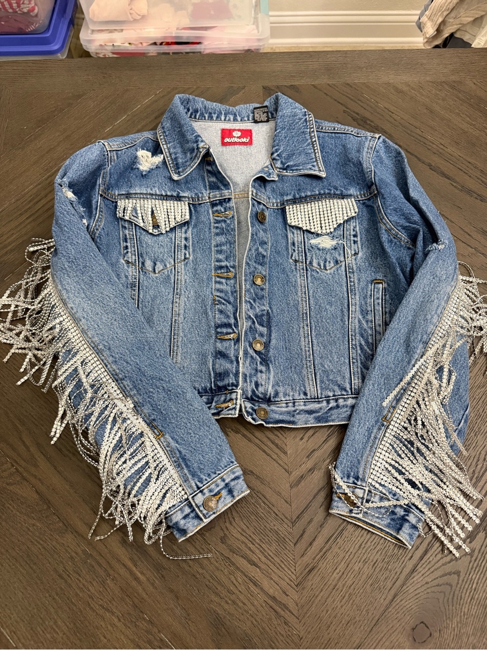 Women’s Blue Denim Jacket with Rhinestone Fringe